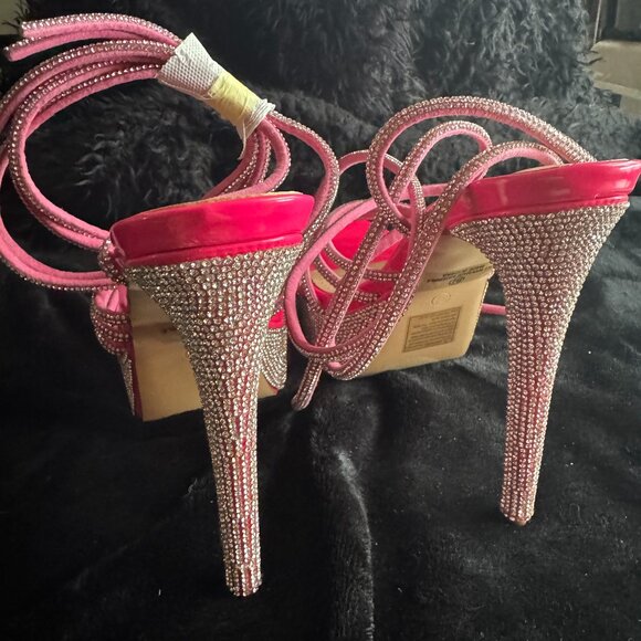 Hot Pink Rhinestone Platform Wrap Heels Size 8.5 - Picture 7 of 8